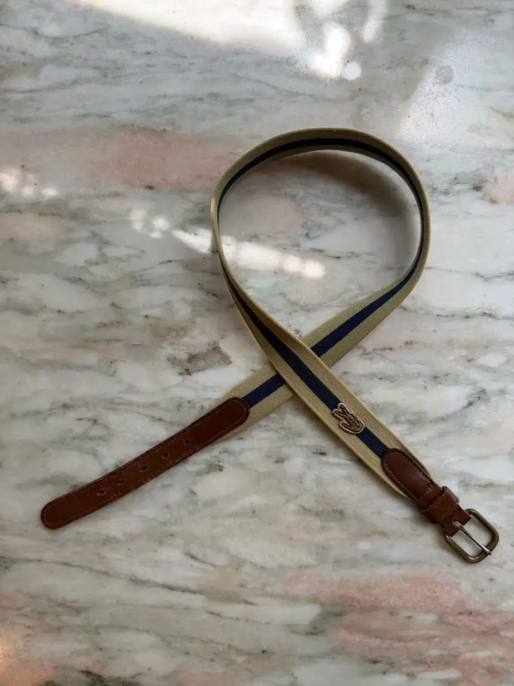 Vintage Lacoste Khaki and Navy Striped Canvas Belt with Leather Trim and Solid B